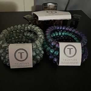 Teleties hair ties. Two 3 pack of large hair ties and a large hair clip